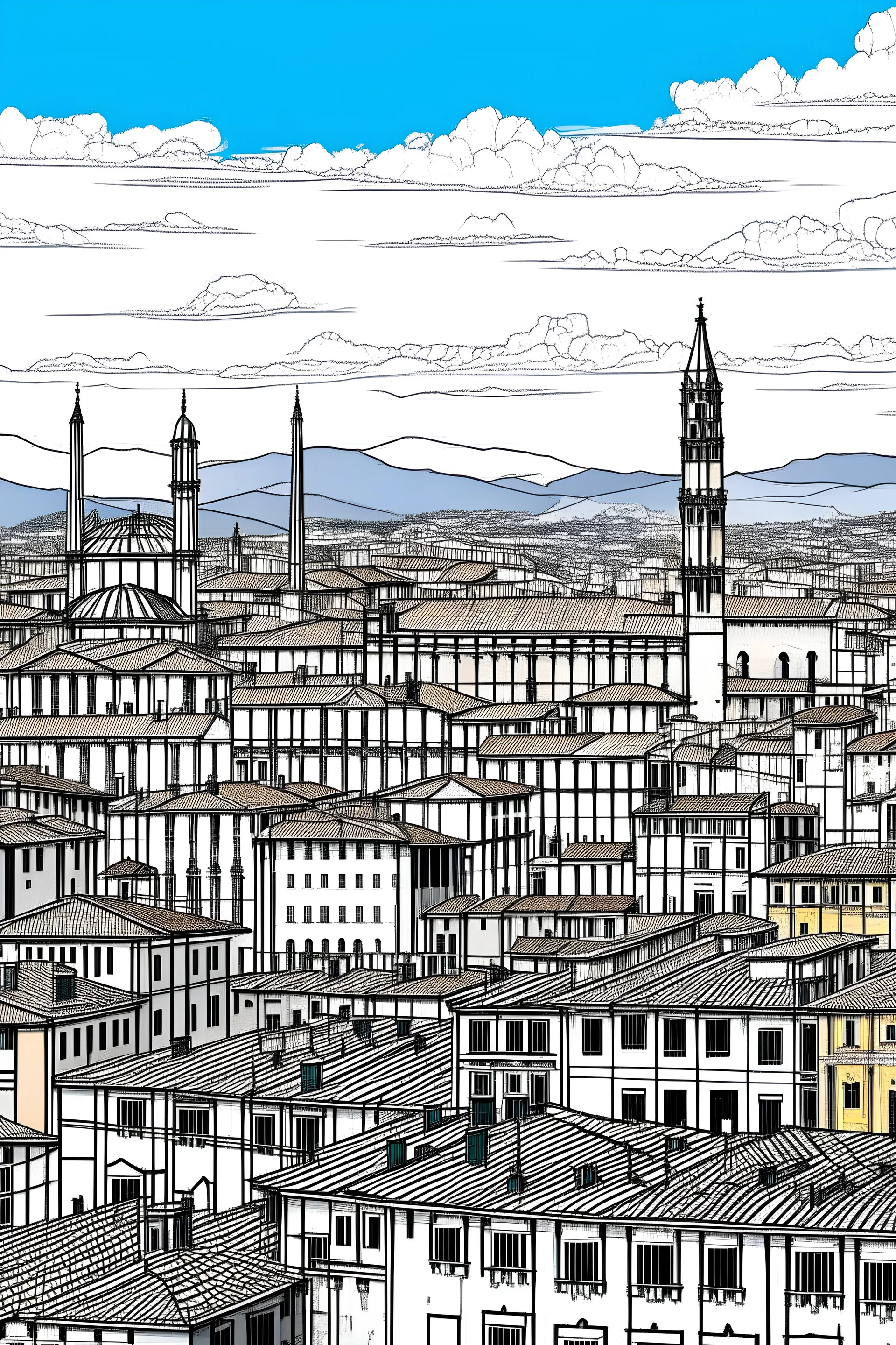 imagine prompt coloring page , inspired by this picture. roofs, and Arno River., Doumo, Palazzo Vecchio,beauty of Florence's skyline, without people, a white background and black lines without other colors, 9:11