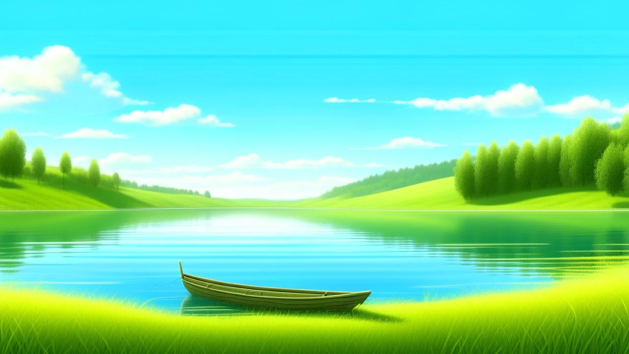 A serene landscape with a calm lake surrounded by lush green hills in the background. A small wooden boat is docked on the shore , with tall grass and bushes growing along the water&#039;s edge. The sky is a soft blue with wispy clouds , creating a peaceful atmosphere.