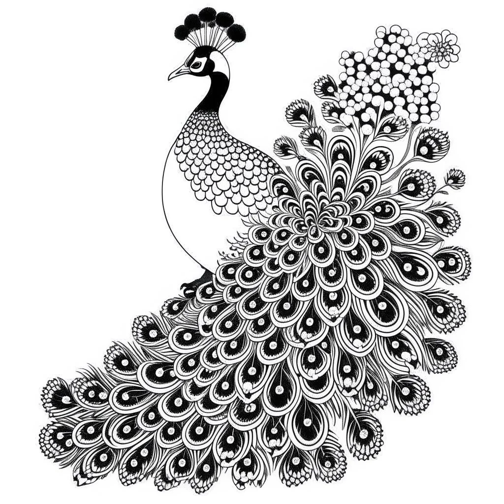 white, A peacock in a regal pose, focusing on its majestic feathers., coloring book, vector, white background, outline, with images neatly contained within the background, just black and white color, full body, no color.