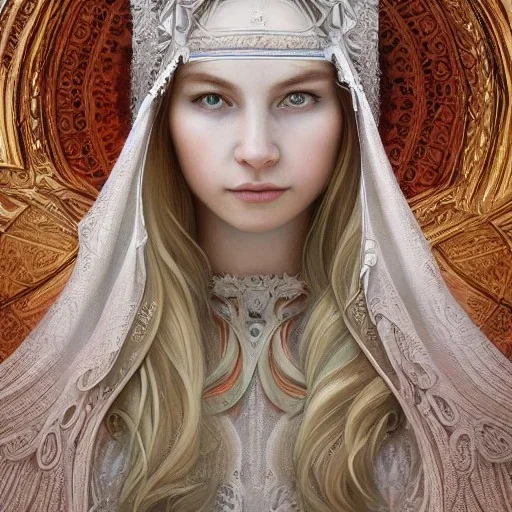 portrait,"Insanely detailed photograph of a beautiful nordic vestal priestess,gorgeous clean face,intricate mask, highly intricate dress,intricately designed colorful flowers in hair,elegant, highly detailed hair, digital painting, artstation, concept art, smooth, sharp focus, illustration, art by artgerm and greg rutkowski and alphonse mucha, 8 k,looking downward,album cover art,fantasy