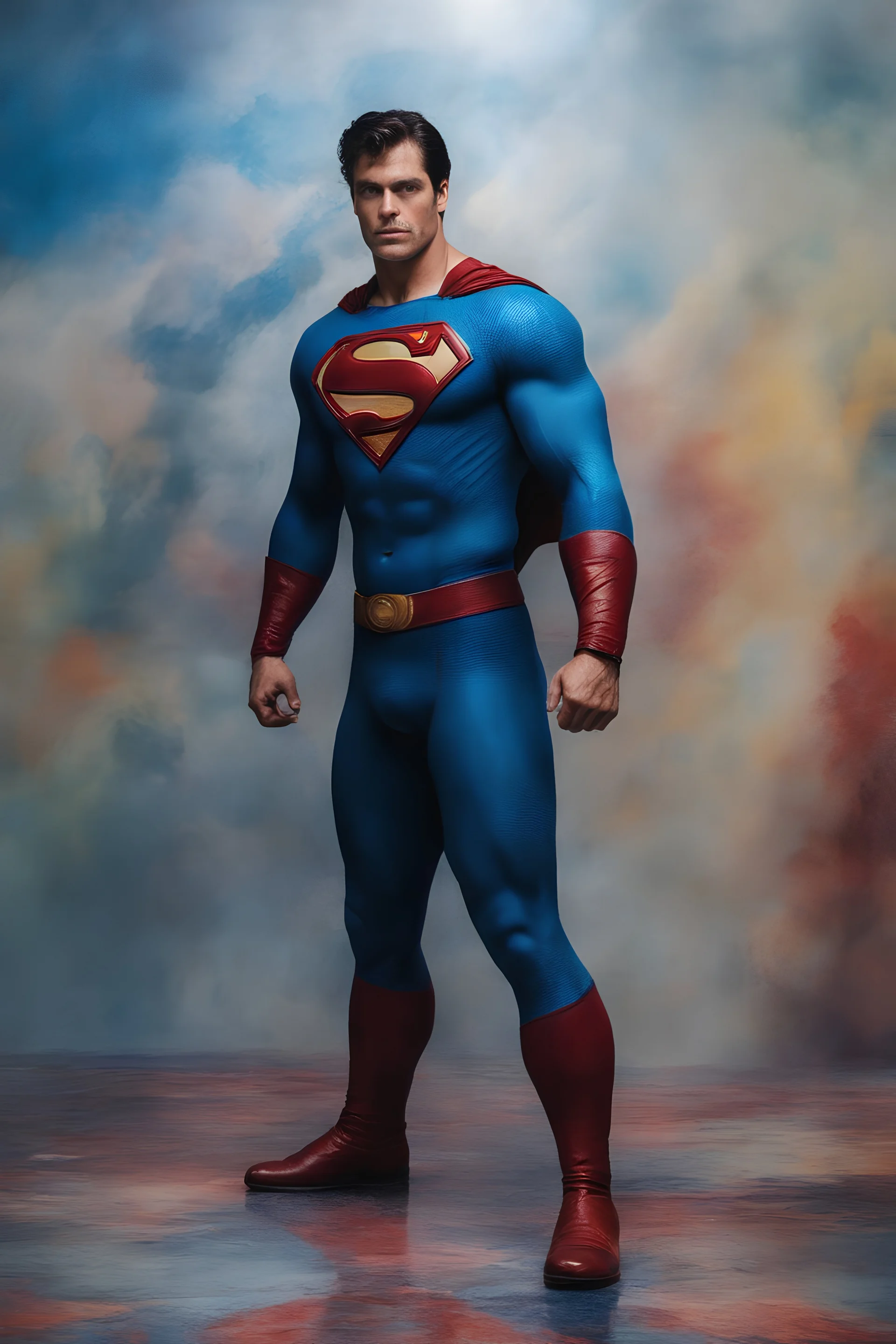 Superman, Christopher Reeve/Henry Cavill/David Corenswet Superman, extremely huge, overexaggerated muscles, posing and flexing in a front of the camera, random extreme action poses, an extremely colorful, multicolored foggy blue marble wall in the background with a colorful marble tile floor, multicolored lightning, realism engine,