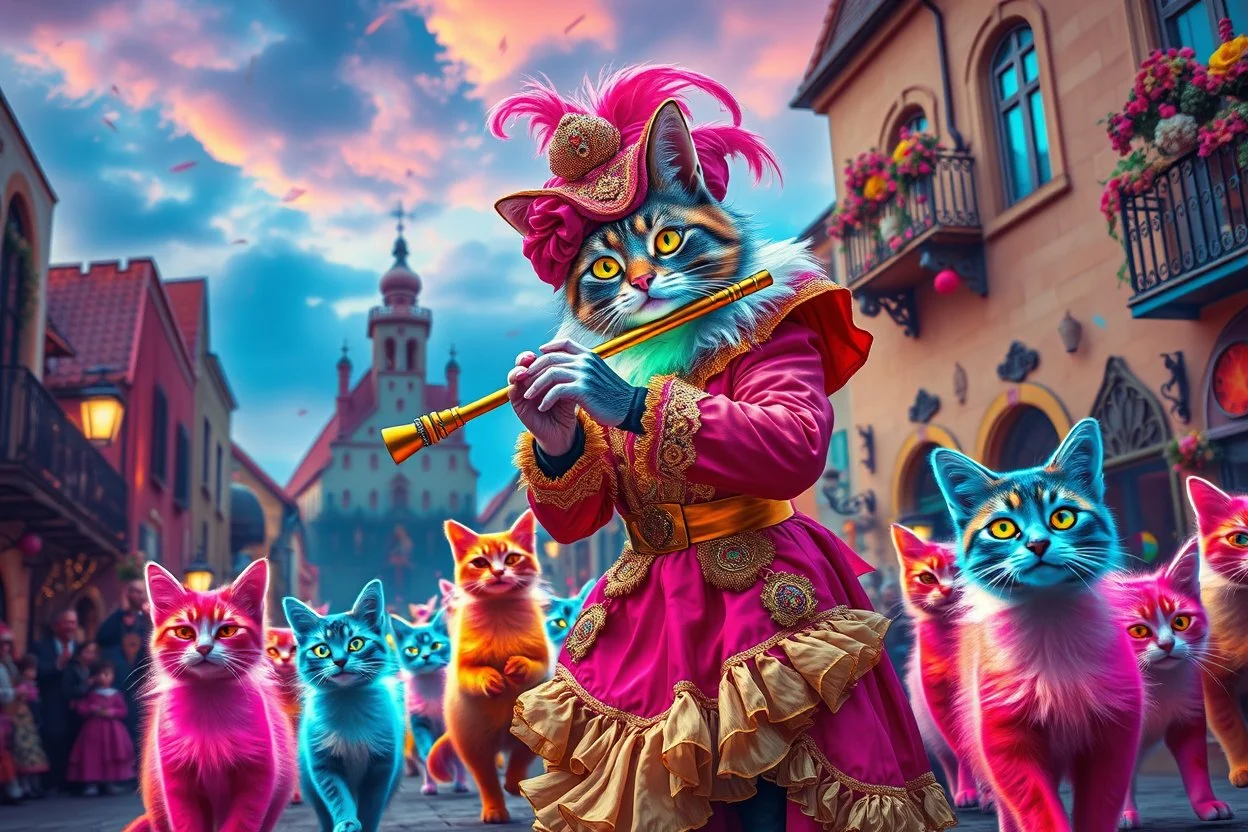 "The Feline Pied Piper of Hamelin, wearing an extravagant, flamboyant Renaissance costume in neon pinks, electric blues, gold and crimson, playing a glowing magical flute, leading a surreal parade of colorful, fantastical cats with glowing eyes and shimmering fur, dancing through vibrant Renaissance streets exploding with color, surreal skies, candy-colored buildings, confetti in the air, astonished townsfolk watching from wildly decorated balconies, ultra-saturated, psychedelic baroque style, e