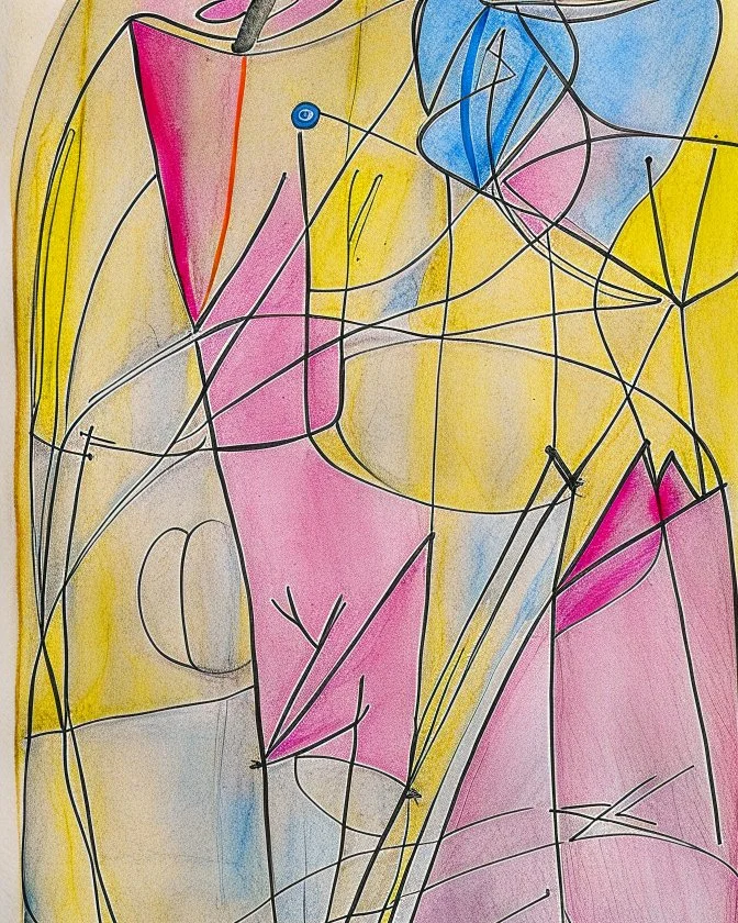 Abstract paul klee painting on watercolour paper with sketchy pencil outlines