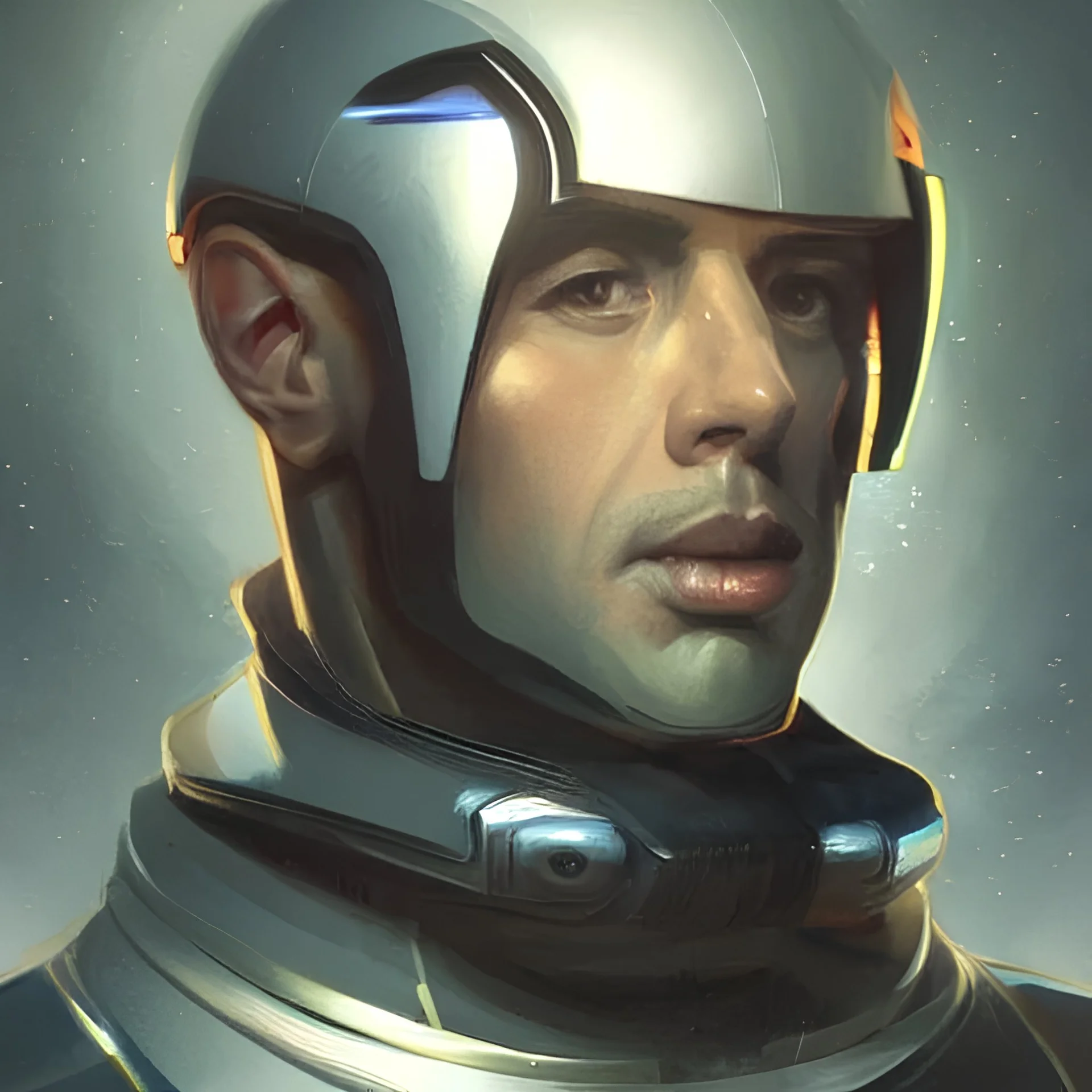 Portrait of a man by Greg Rutkowski, he is 37 years old, short black hair with bangs, mixture between mediterranean and russian,wearing futuristic spaceship uniform, very tall and slender, cinematic ilumination, smooth, sharpfoccus ilustration, artstation HQ