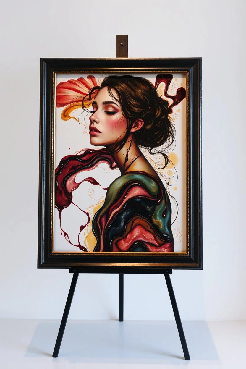 A framed picture of a women painted with Liquid abstract painting, worm colors Stand,