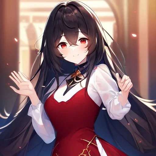 Clear focus, high resolution, black long fluffy hair, red eyes, wearing a cute outfit, kawaii