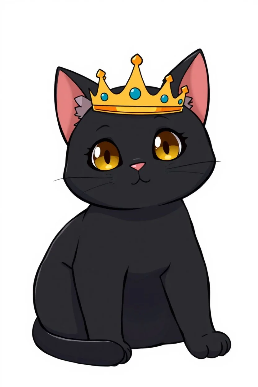 anime black cat on white background, sitting, wearing a crown