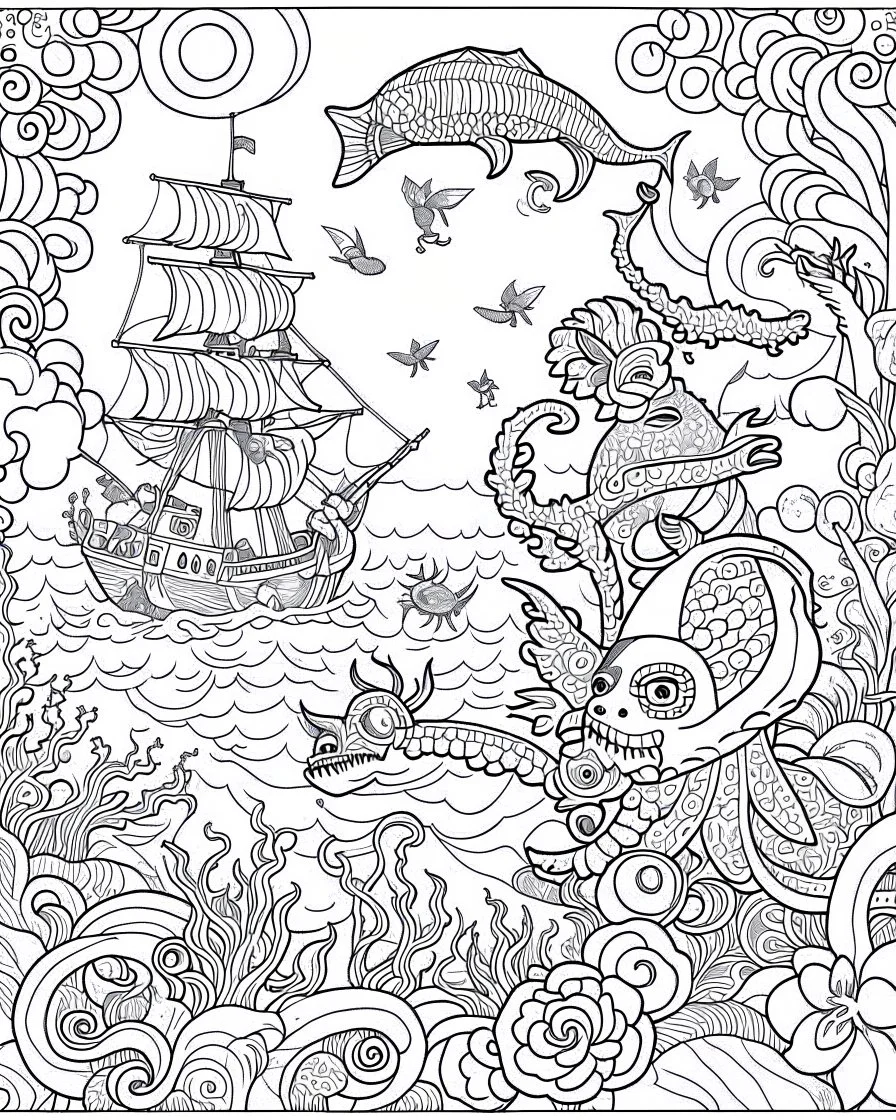 Pirates of the Caribbean: Mystical Sea Creatures Coloring Extravaganza: Craft a whimsical coloring page inspired by the Pirates of the Caribbean movie, showcasing an enchanting underwater scene teeming with a variety of sea creatures. Encourage young artists to dive into their imagination as they bring fantastical beings like mermaids, sea monsters, and mystical creatures to life in black and white. This coloring page provides a magical and creative experience for kids to explore the depths of t