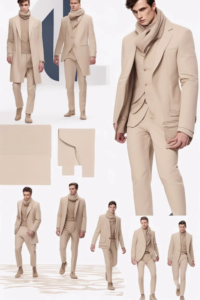 a guy winter fashion runway with modern clothes inspired by Superman style clothes, embroidery elegant fashion beige tones