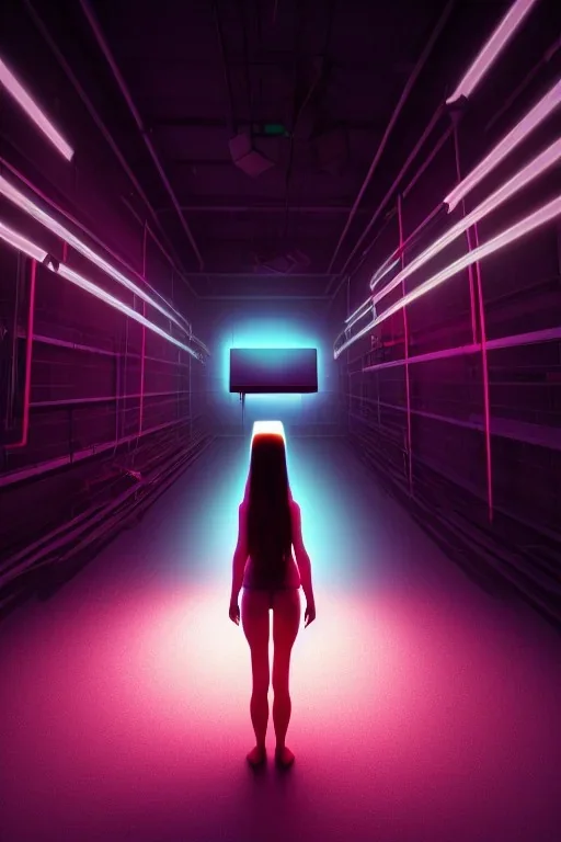 3d, si-fi hunger , far away a girl in the middle, stand on round platform, connected by wires , vr googles, beautifully color coded, super detailed, moody lighting, volumetric lighting, night time,