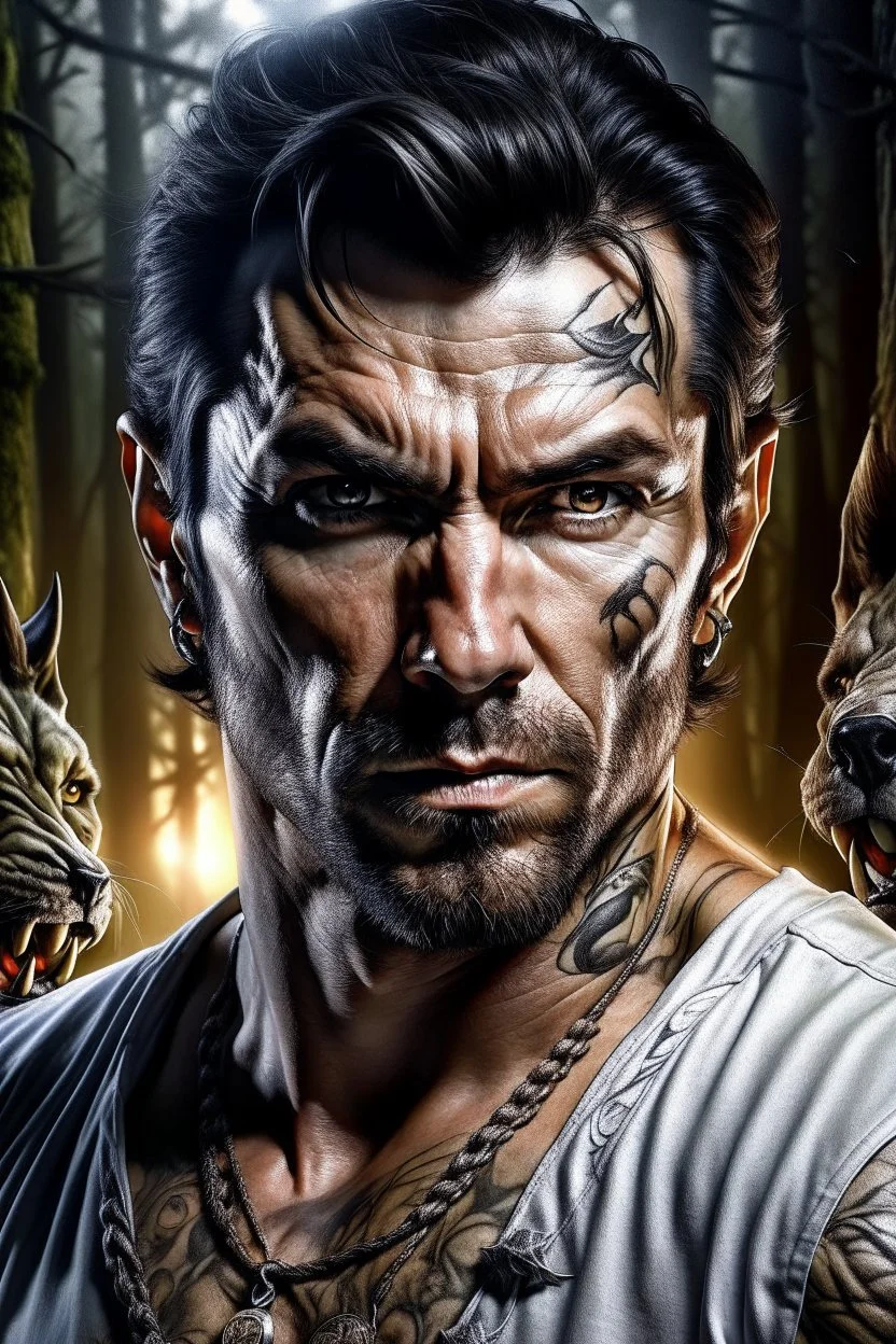 Photographic portrait Jason David Frank as fantasy alpha werewolf in human form very muscular short cropped black hair and stubble on chin, tribal tattoos wearing white button up shirt with rolled up sleeves realistic face, close-up, dark fantasy, fantasy forest, intricate details, hyper detailed, deviant art style