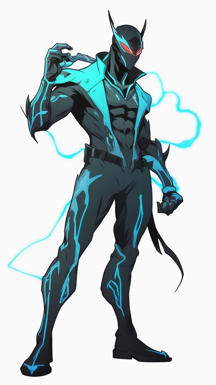 Mix between genji and venom symbiote in solo leveling shadow style with neon glowing blue