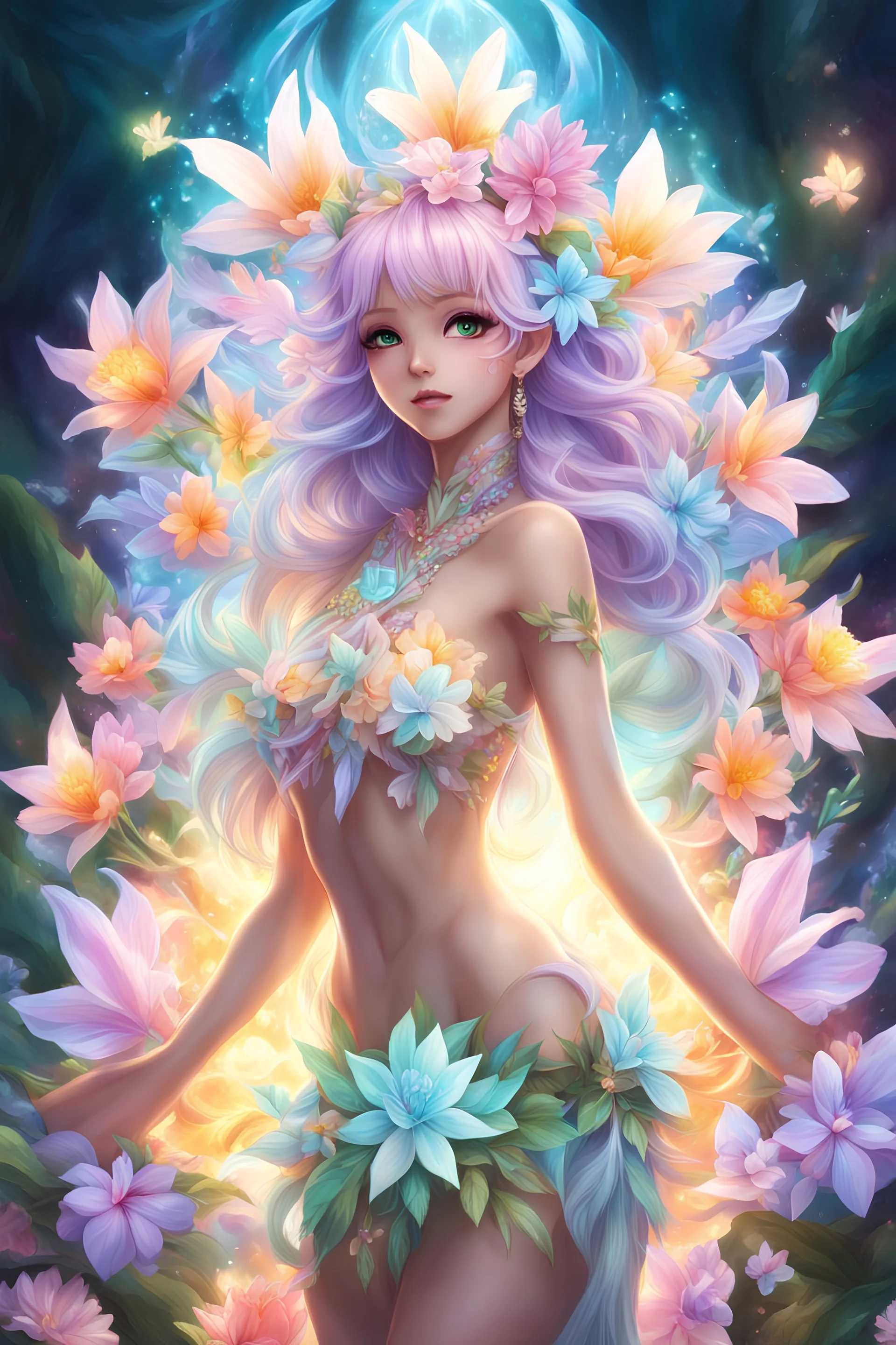 Anime hawaiian flower goddess casting a crystal flower spell light colors full body human anatomy bright glow and pastel hair
