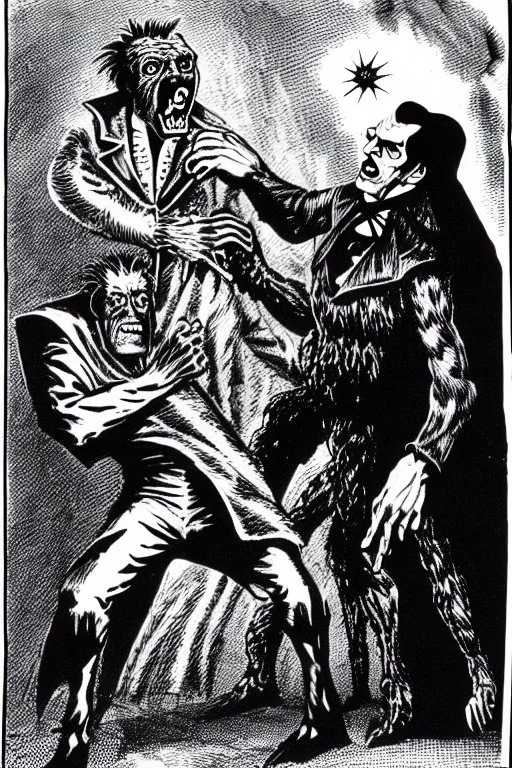 Frankenstein monster and the wolfman fighting each other as Dracula stands by and watches