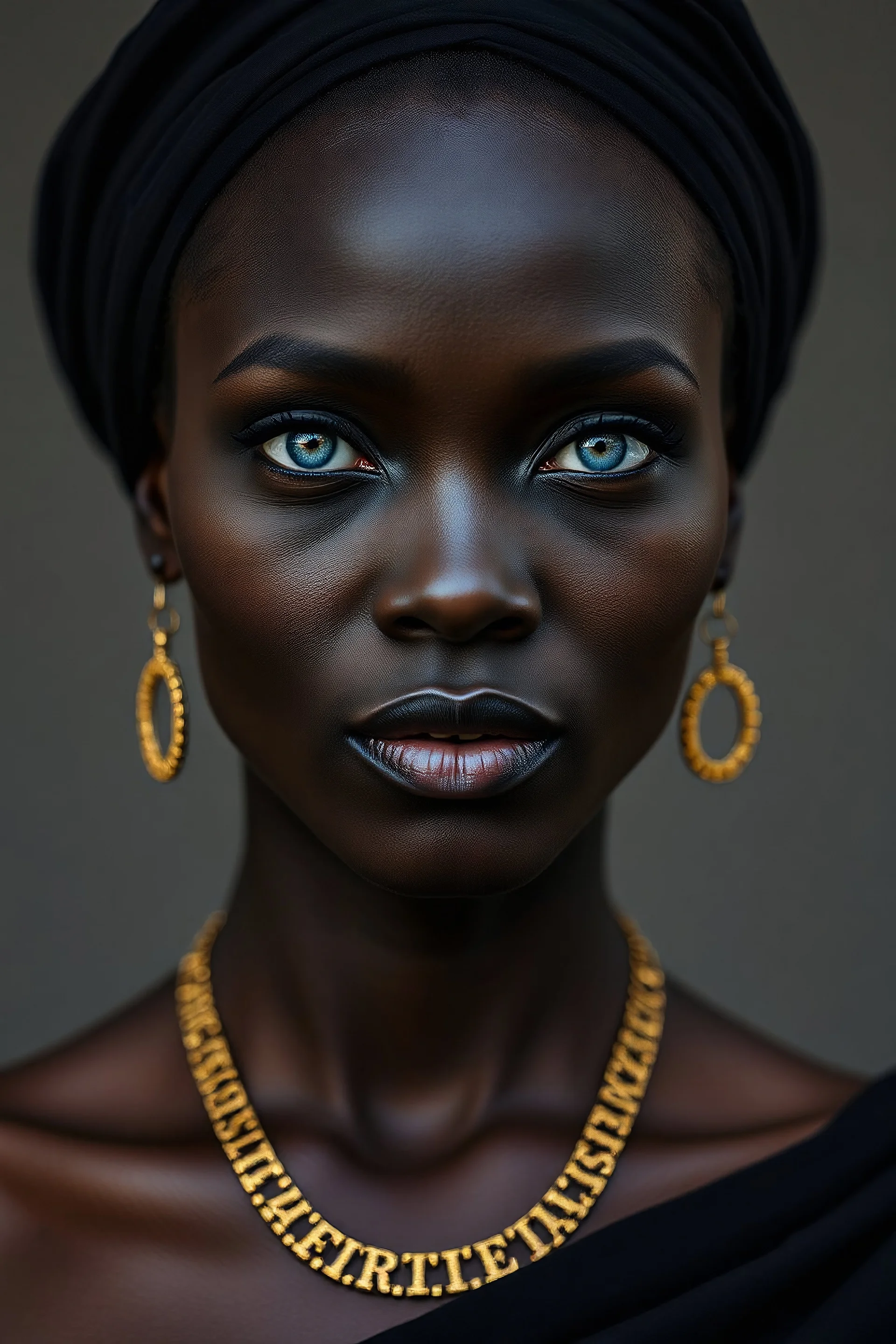 Portrait of a very black African woman with blue eyes dressed in pure black with a touch of gold necklace and earrings