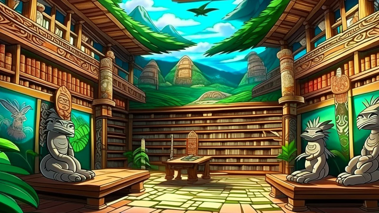 Enchanted library, books flying and tales coming alive, in a maMaori marae (meeting grounds) with intricately carved totems, against a backdrop of New Zealand's lush landscapegical realism anime style