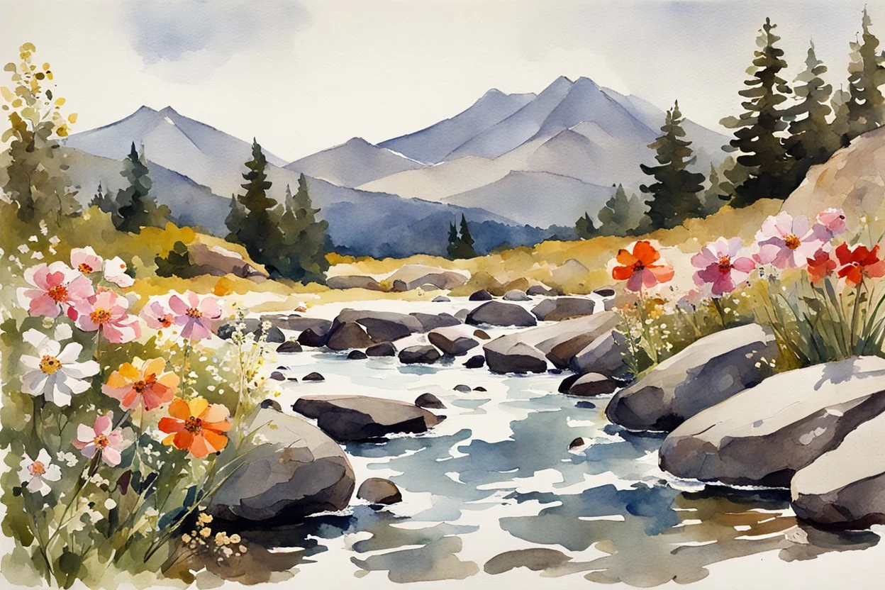 Sunny day, spring, flowers, rocks, mountains, epic, winslow homer watercolor paintings