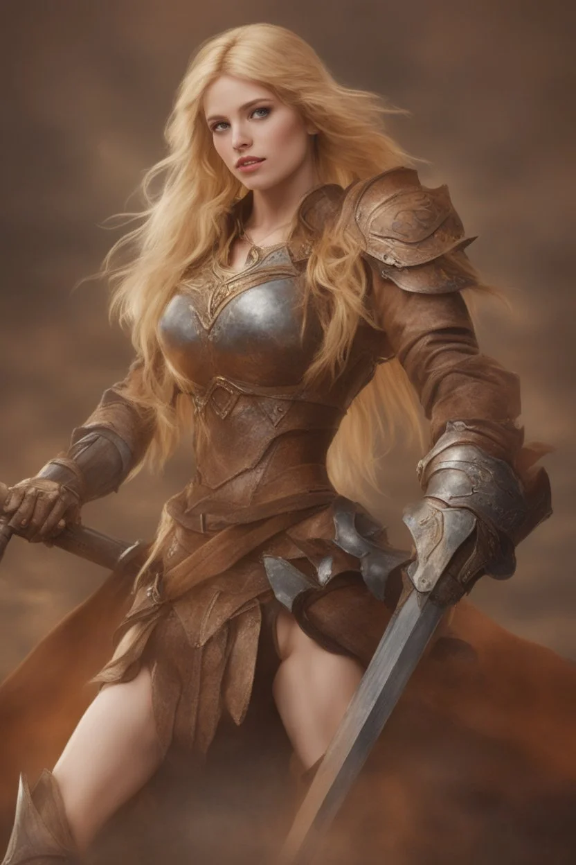 A beautiful woman with blond hair. Brown leather armor.