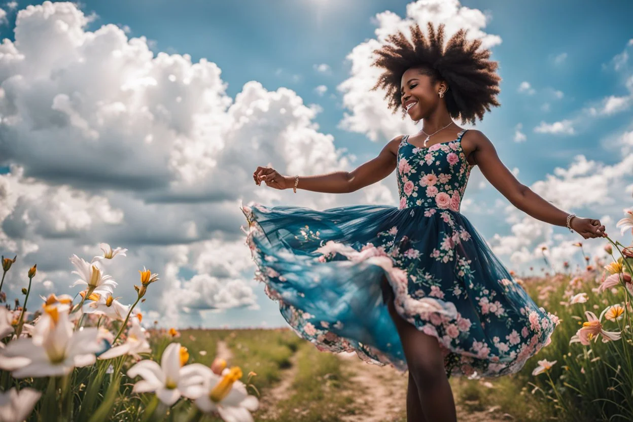 The camera zooms in, focusing sharply on young black girl Lily wearing pretty dress as she dances gracefully in the same romantic environment with flowers and sky with nice clouds. Her joy and youth are presented against the backdrop of the surreal surroundings.