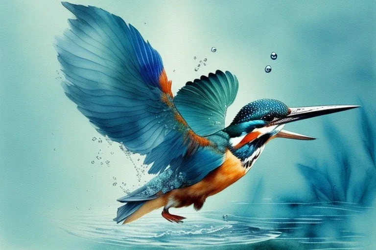 A beautiful kingfisher diving into water. Highly detailed, smooth colours, realistic landscape. Aquarell