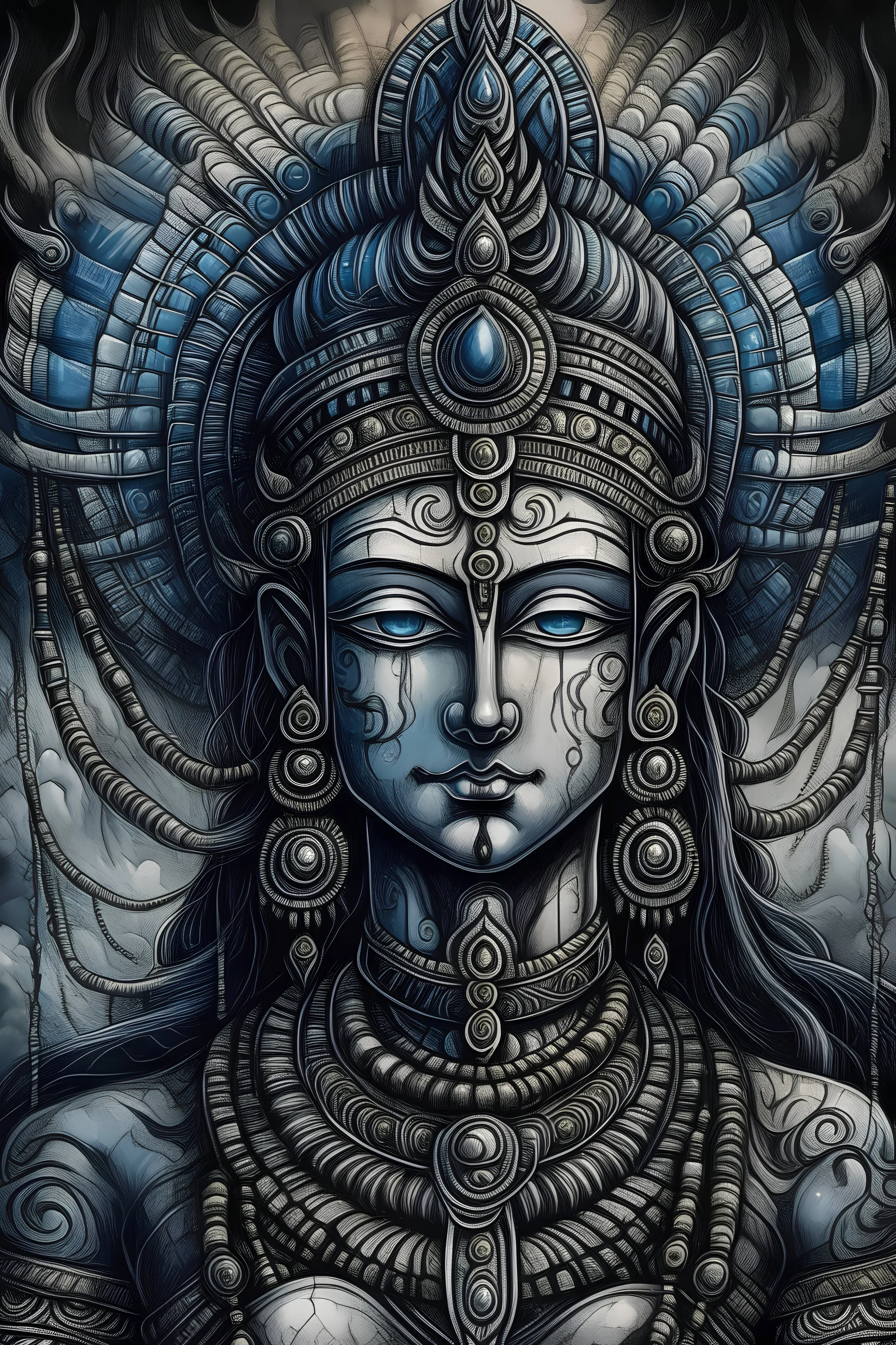 Parvati goddess, ancient psychedelic Indian traditional painting, dark very desaturated color scheme, in the style of Paulo Serpireri and HR Giger