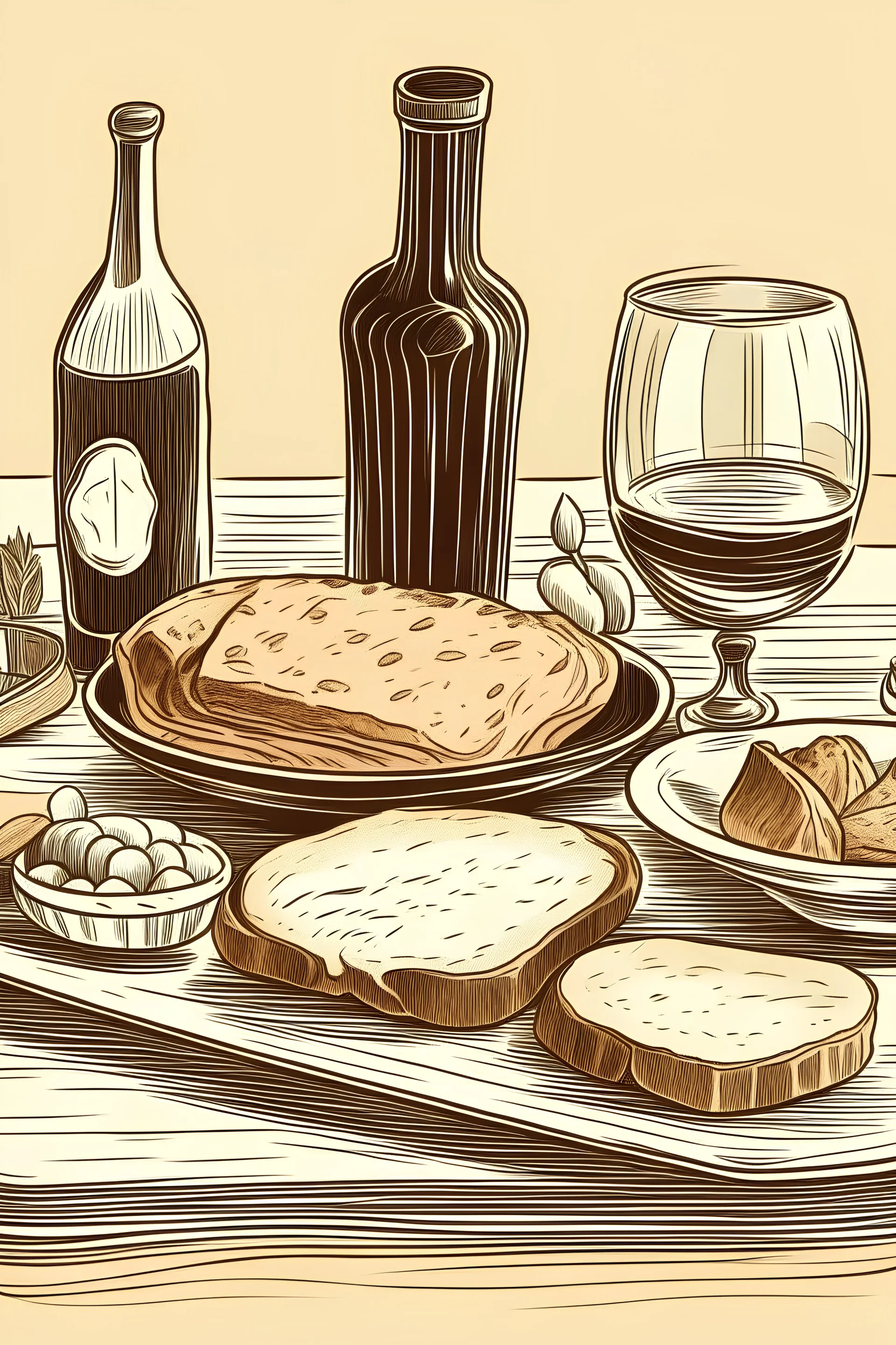 Outline art, a plate of food, loaf of bread on a table, a bottle of wine, glass cups, no shading, low details, --ar 9:11