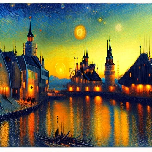 Drawing in oil of medieval city river, clouds, sunset, fantasy 8k by Van Gogh