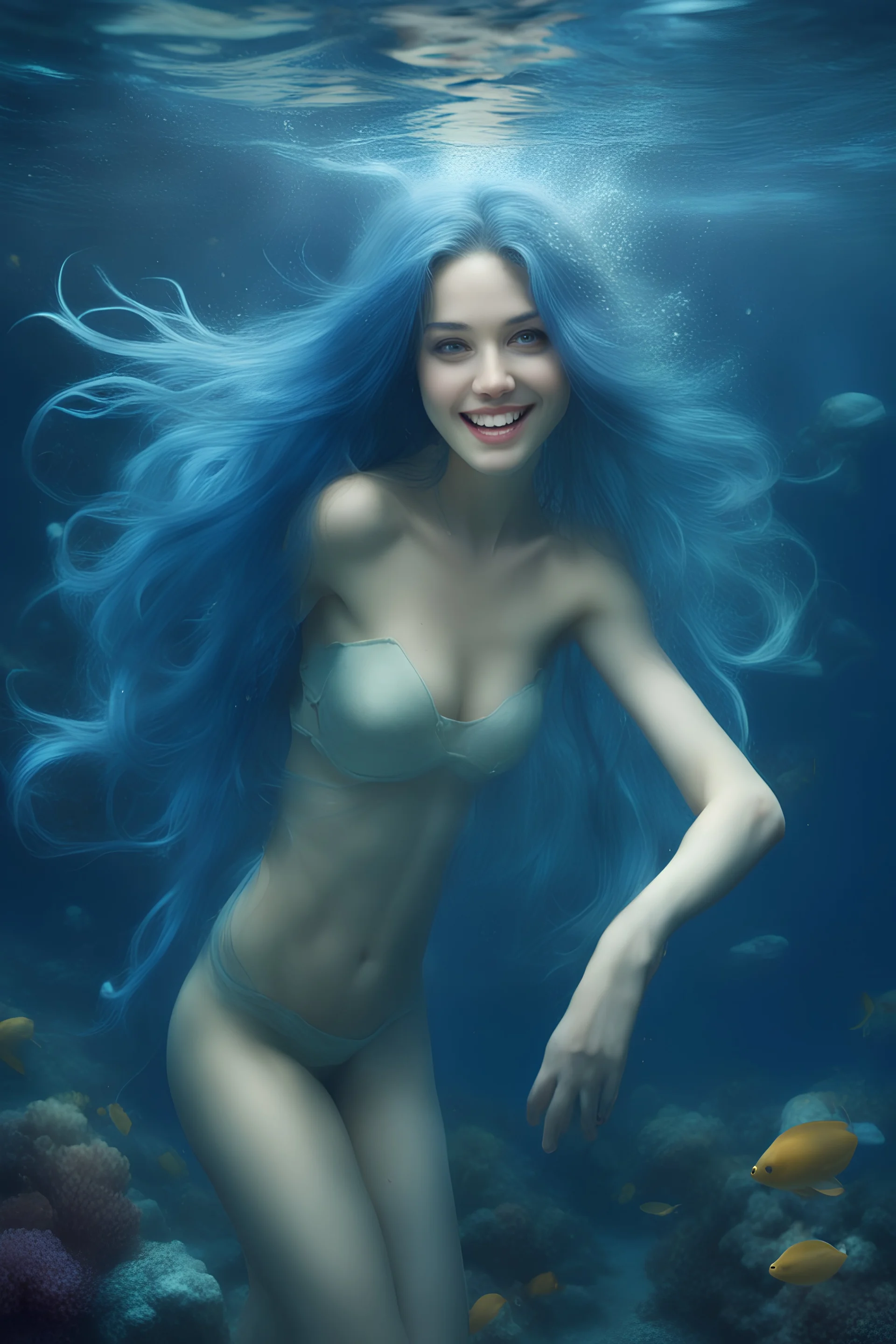 pretty girl, good body, nice smile, long blue hair, on deep sea, under water,