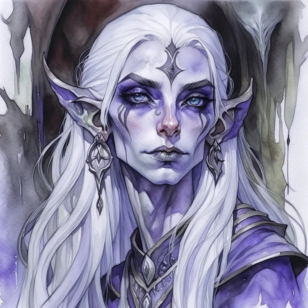 dnd, fantasy, watercolour, large strokes, stylistic, portrait, illustration, dull colours, woman, dark elf, drow, face, narrow long face, cruel face, cold demeanor, purple eyes, piercing eyes, vicious expression, white hair, very long hair streaming down the shoulders, lush hair, elegant, short small mouth, cruel smile