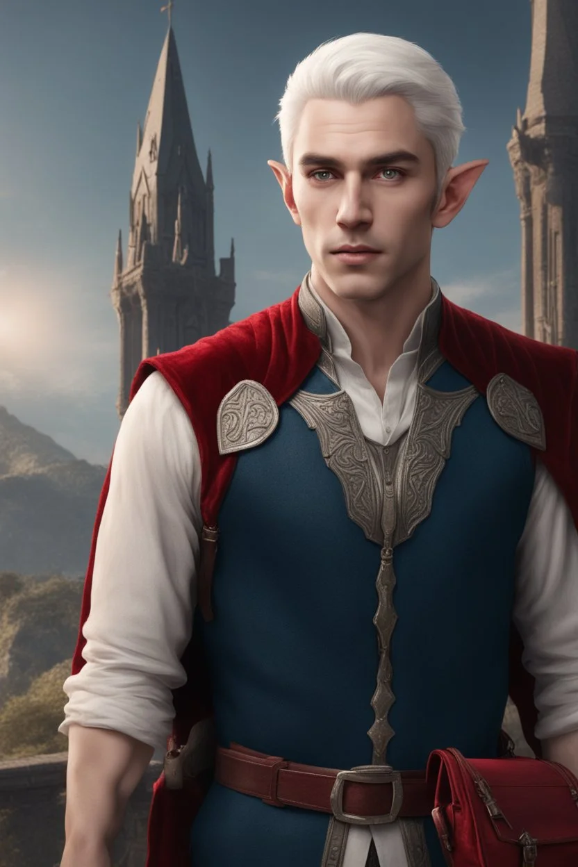 Handsome male Elven of 28 years old of age, with short white hair, dressed as a councilman of the law, carrying on both hands a little red velvet satchel.