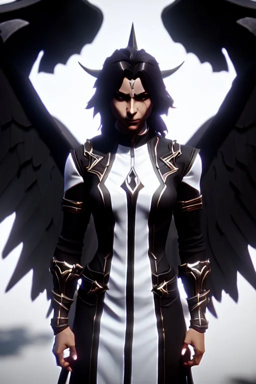 angel, demon, angel demon hybrid, half angel, half demon, black angel wings, white demon wings, black and white, balance, horns, armor, noble clothes, black and white armor, black and white clothes