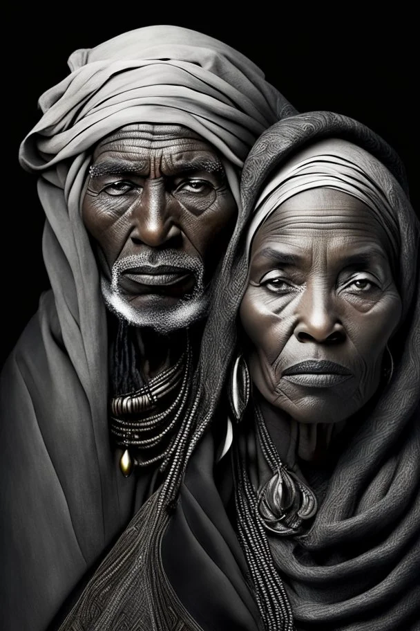 a photo of an Tuareg man and woman with ethnic jewelry, grey hair and grey flowing robe, in style of Annie Leibovitz, contemporary portrait of a mature yet beautiful and modernist, black and grey, detailed face, swirling fluid smokey enigma, award-winning artwork