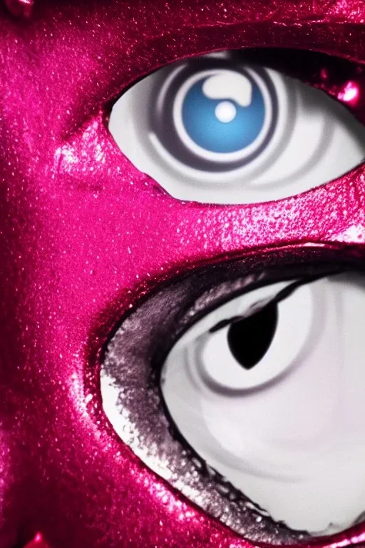 Extreme close-up of the eyes of a robot, soulless, gleaming metallic pink to metallic red, cyberpunk technopunk AbstractTech, rectangular