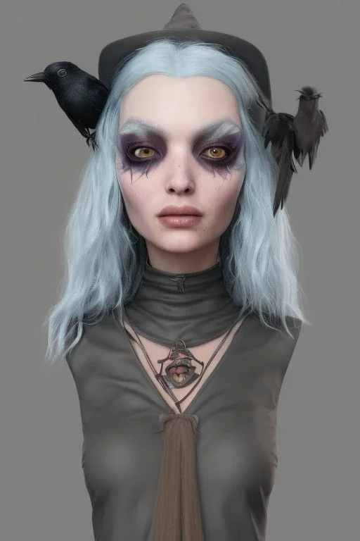 Friendly witch, playing with crows, perfect eyes, pastel colour, style Elisabeth Kreitz