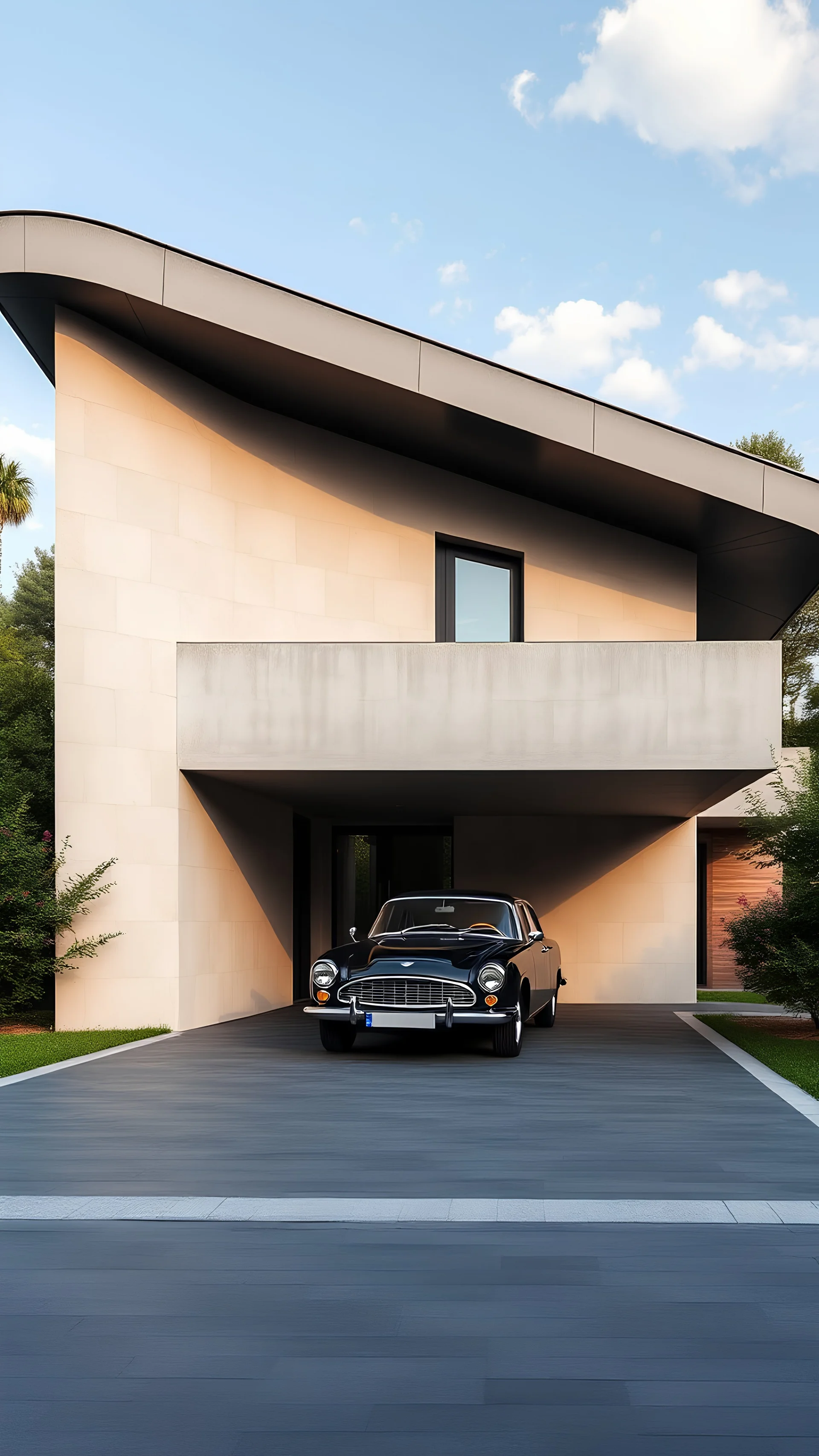 Modern villa 250m2 business class in Spain. House with a flat roof. Vintage car of the 90's under a carport. in the foreground paved driveway of dark shade. Polished concrete and metal on the facade. In the style of architect Tadao Ando. Ethnic style street decor, ceramics. front view. Small windows. Dark framing of the windows. Midday, clear sky, small clouds in the sky. gloomy vegetation, lush ornamental vegetation, wildflowers. Archdale style shot. Photorealistic. Cozy, elegant