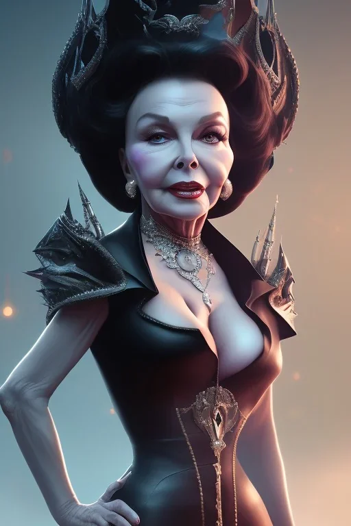 Joan Collins as evil queen in black leather, leather, busty, cleavage, angry, stern look. character design by cory loftis, fenghua zhong, ryohei hase, ismail inceoglu and ruan jia. unreal engine 5, artistic lighting, highly detailed, photorealistic, fantasy