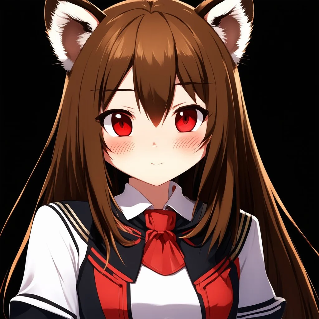 a close-up headshot of a chibi woman with long brown hair, red eyes, brown ferret ears, a mischievous expression, American clothes, intricately detailed, masterpiece