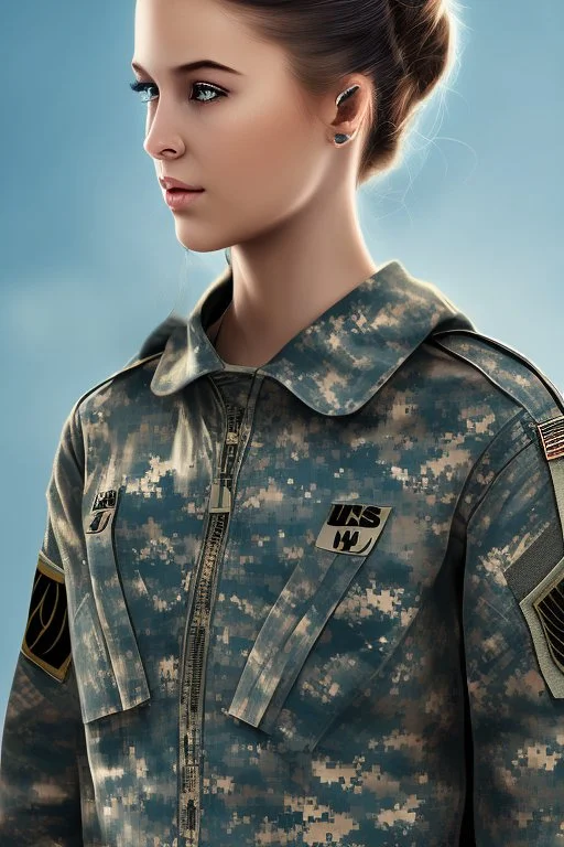 US army girl, hair bun, t-shirt, mtp camouflage