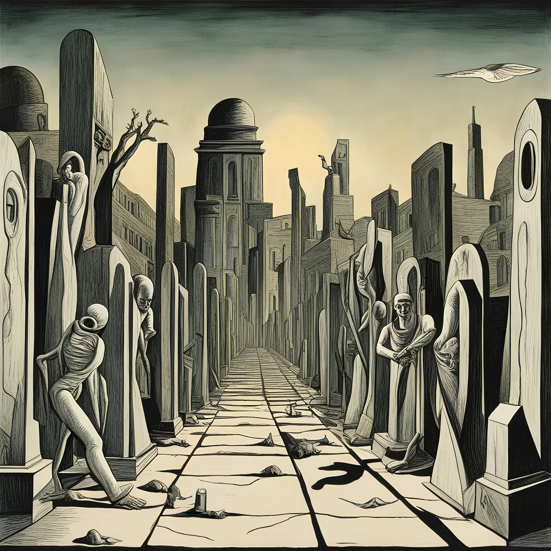 Graveyard shift, by Giorgio de Chirico, a surreal aura dominating the canvas, detailed line work, color ink illustration, creepy, surrealism, contracting images.