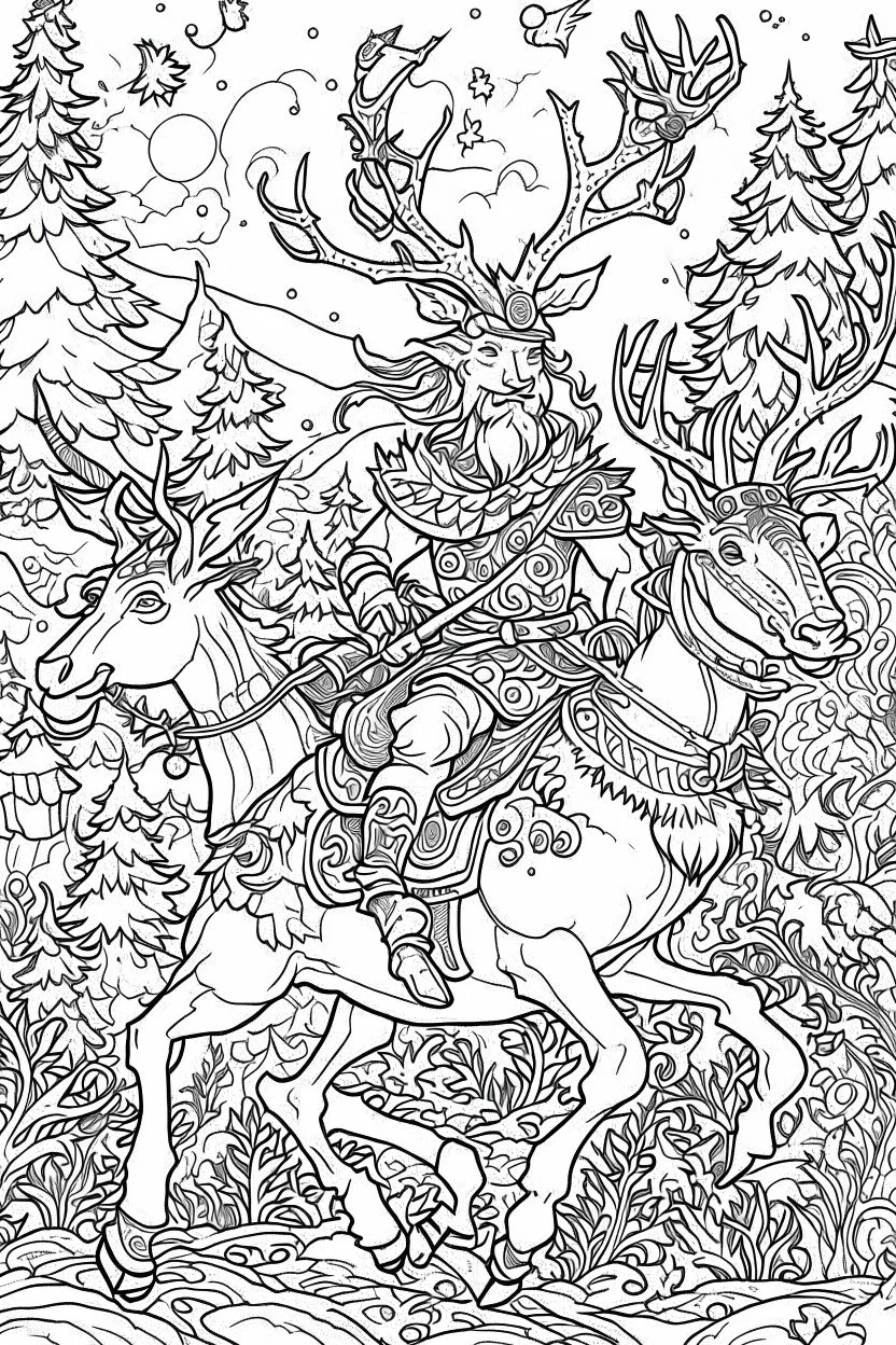 A Christmas theme, a coloring page illustrations, highly detailed, bold ink line sketch drawing of Whimsical elves riding on the back of reindeer, delivering presents in a magical, starlit sky