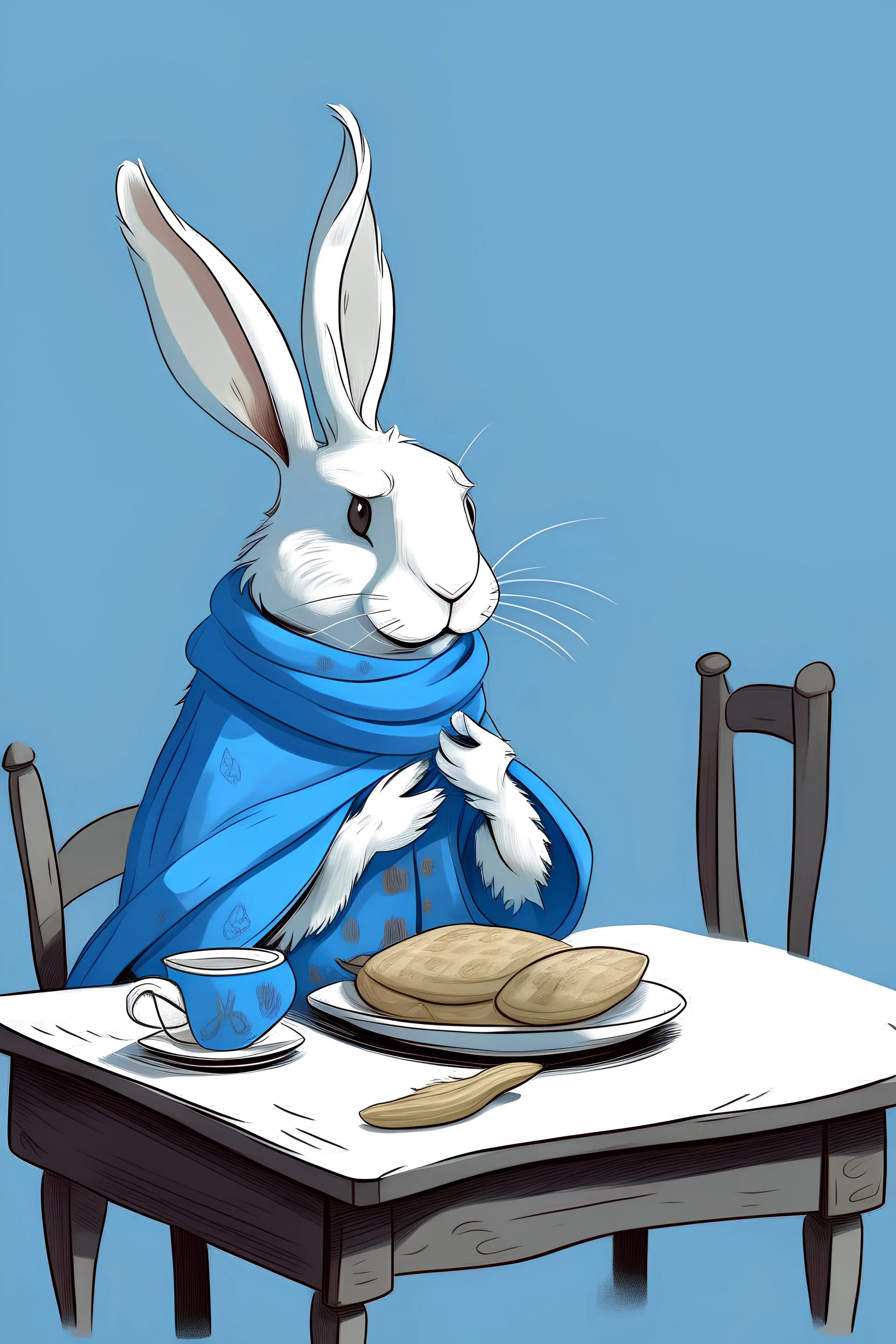 A human-sized rabbit wearing a blue scarf eating Thanksgiving dinner alone, looking sad