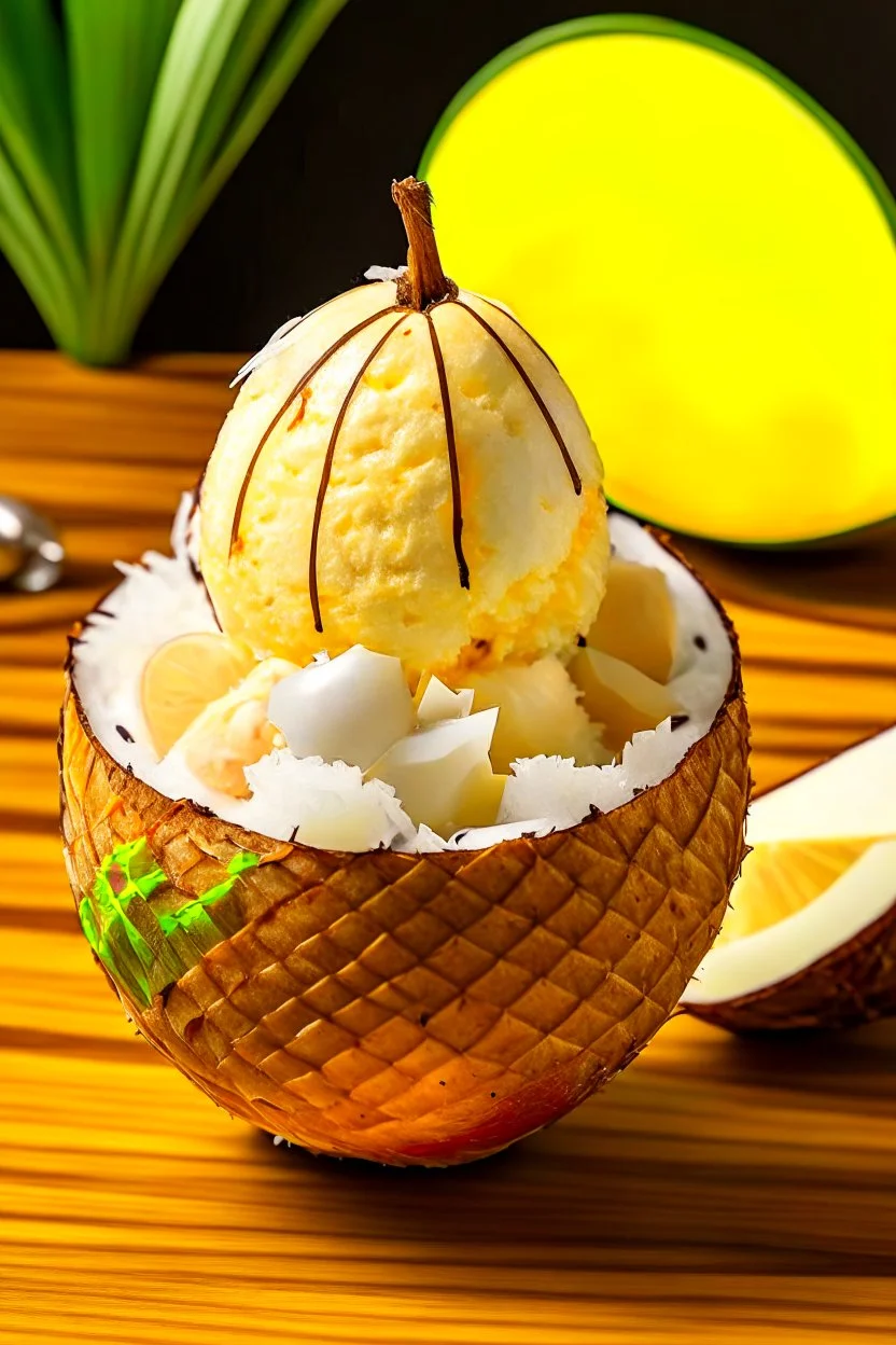 A tropical milkshake with a blend of coconut, pineapple, and mango, served in a coconut shell with a paper umbrella and a sprinkle of toasted coconut flakes.