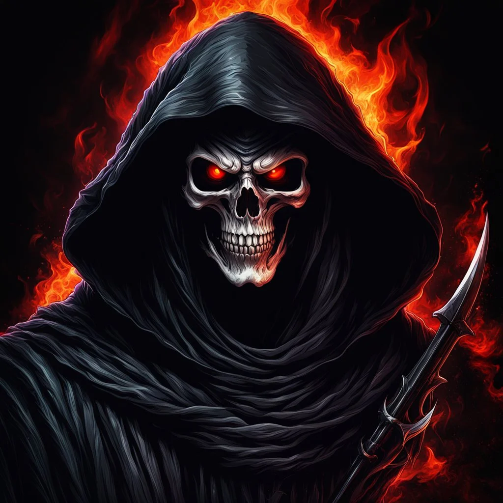 ultra high image quality, hell infused Grim Reaper Close-up of an set against AMOLED-worthy pure black backdrop, fantasy art style infused with filter, tailored for vertical wallpaper, exclusive design with no duplicates, radiating beauty suitable for a PC screen image, vivid colors, ultra fine, digital painting.