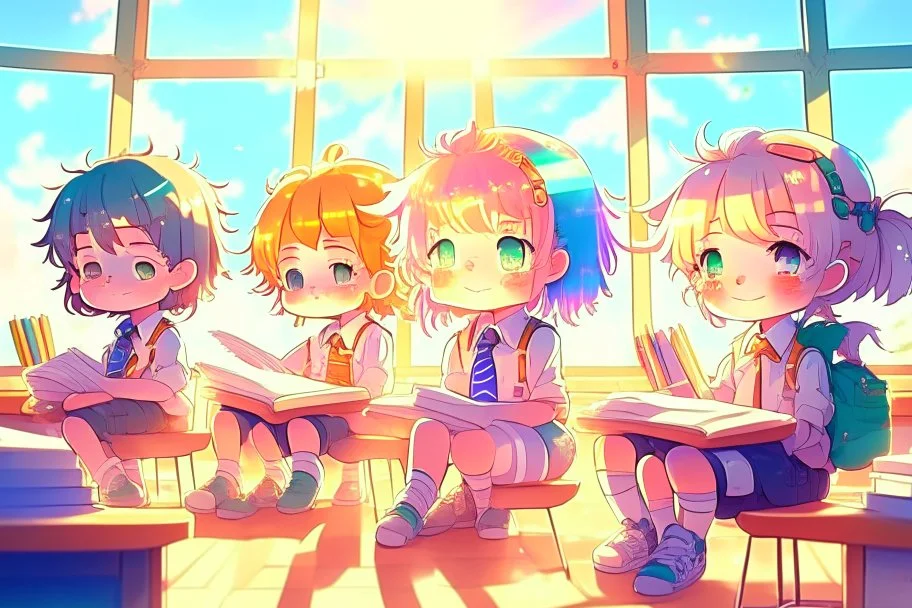 cute chibi holographic girls and boys sitting in the classroom in sunshine