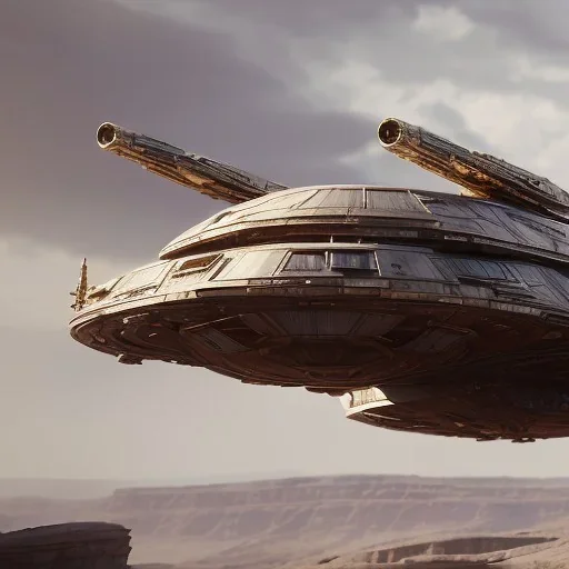 huge ornate spaceship made of brass flying through space, star wars