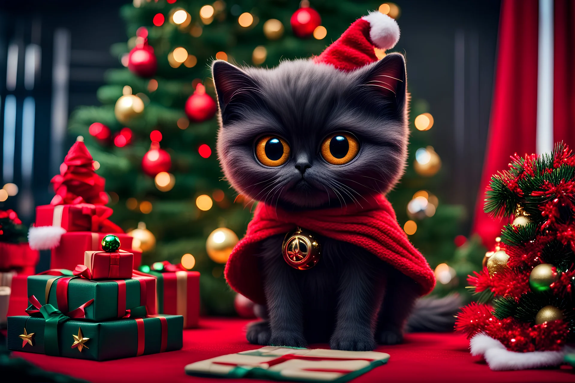 fluffy big eyed kitty sith lord and detailed Christmas tree with red and gold trimmings, beautiful star on top of tree, gifts underneath tree, toys underneath tree at the death star command room, cinematic eye view