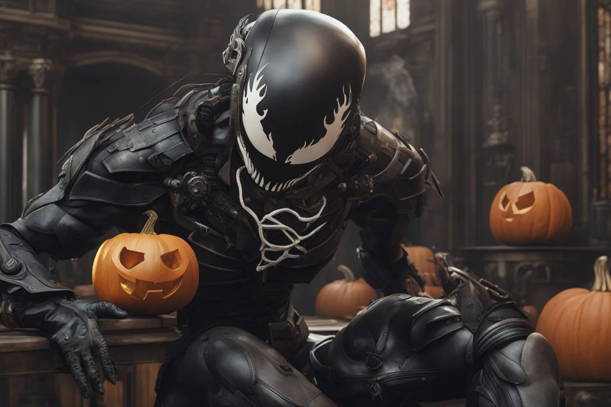 venom machine in 8k nier automata artstyle, halloween them, pumpkin helmet, close picture, fantasy world, intricate details, highly detailed, high details, detailed portrait, masterpiece,ultra detailed, ultra quality