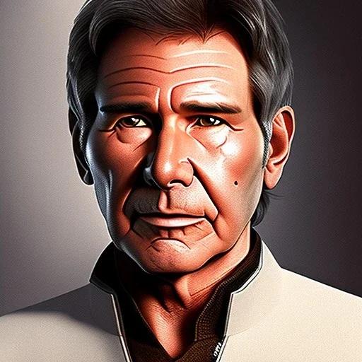 stunning photo realistic detailed head to waist portrait of harrison ford as han solo in star wars with photo realistic short hair, brown eyes,by Sergi Cadenas, Sharp focus, weathered skin,space jacket from star wars,