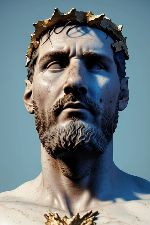 Ultra Realistic image, Roman sculpture, white marble material, Lionel Messi, gold crown of natural thorns, god crown, Renaissance style, sun rays background, waist up portrait, epic, celestial, cinematic lighting, God lights, 4k resolution, smooth details, soft lighting, unreal engine 5, art station, substance 3d.