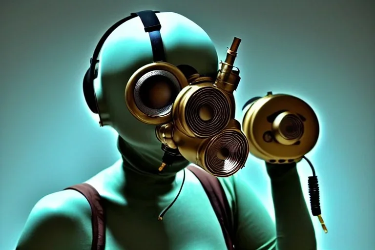 Golden to cyan surfaces body, latex. Tendril-gas-mask-Synthesizer-proboscis. Lightly armored bodies. Metallic headphones and speakers. Yumi Sin and Asa Akira. Old-fashioned cameras integrated to heads. simple faces. Strange Steam-punk Silver tumbler hands! Dystopia perfect body. Mind-download from 1970's computer. Partly symmetrical in relation to the computer. Perfect golden ratio in all directions. Space-corruption. Steam-machines-tubes. Oppressive atmosphere. Thick cables, Enigma.